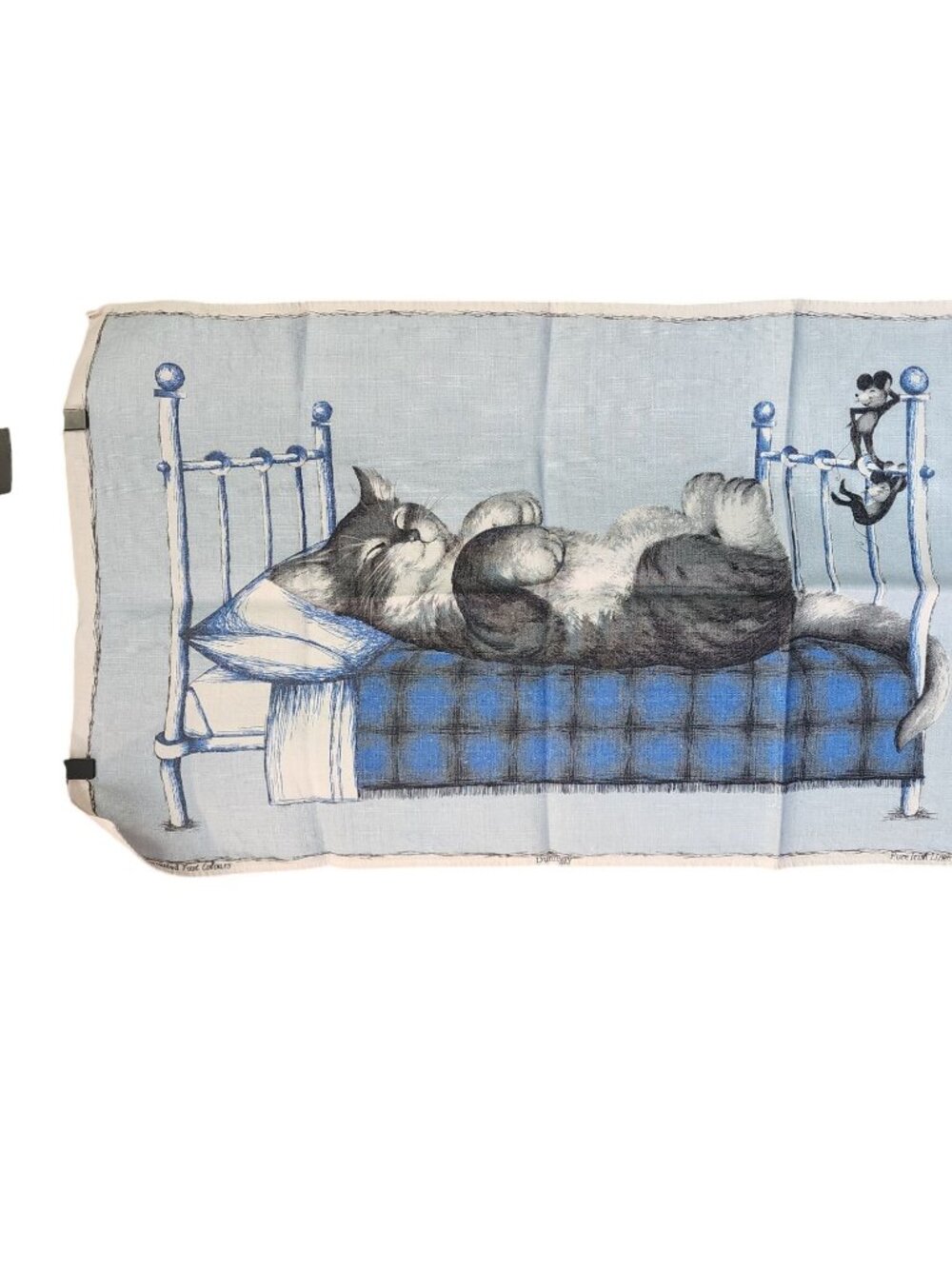 Donmoy Bryn Parry 1956 Glazed Blue Ground Cat & Mouse Print On Pure Irish Linen